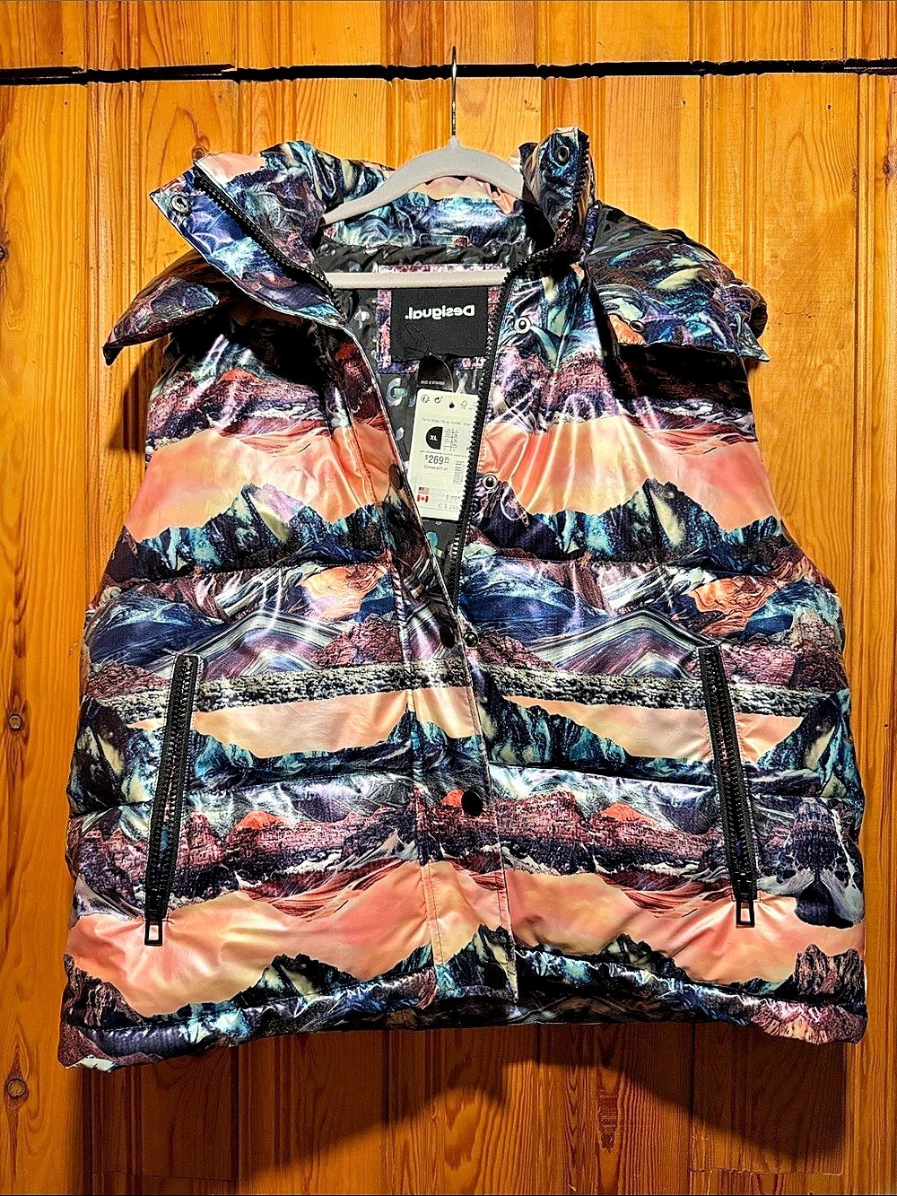 Desigual Padded Madelaine Gilet Abstract Print winter Puffer Vest Blue & Pink XL